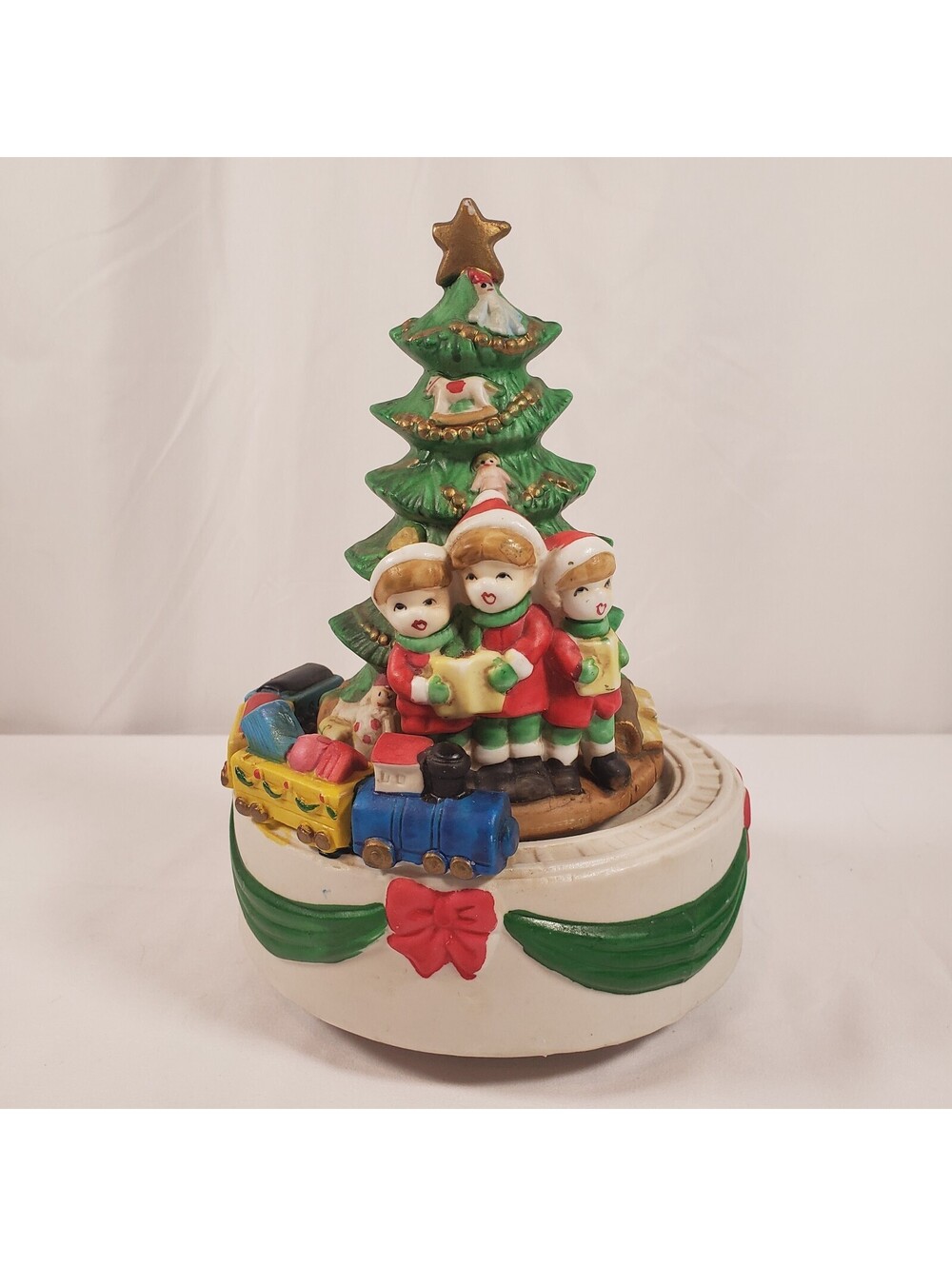 Christmas Music Box Moving Train Tree Carolers Plays Jingle Bells 9" Working